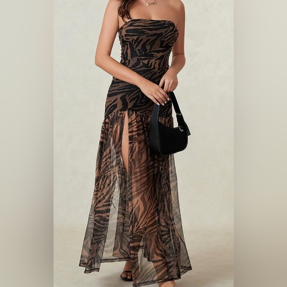 Cheetah print strapless dress. Bottom half sheer.